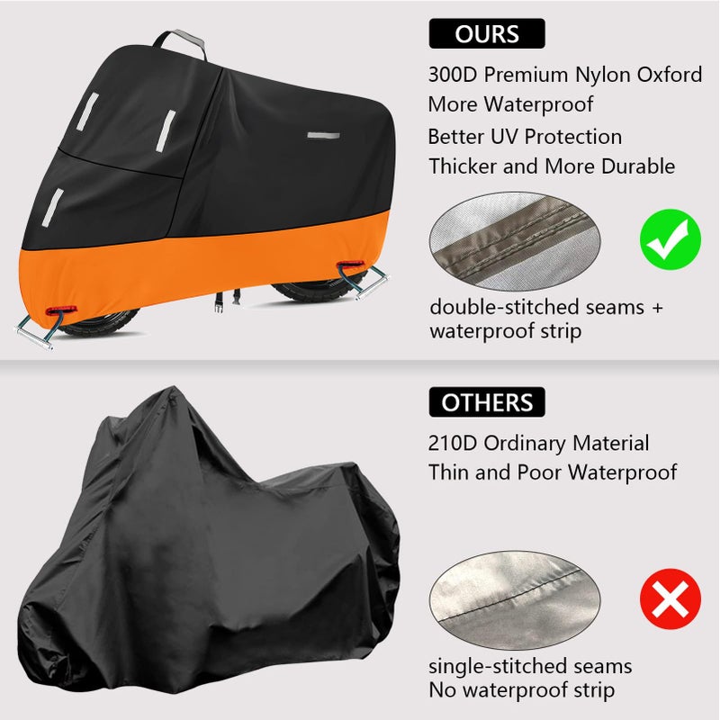 SECELES Motorcycle Covers Waterproof Outdoor Storage All Season UV-Resistant Funda para Moto for Honda Kawasaki Z900 RS Yamaha V-Star R3 R7, Windproof Buckles (XXL 86"" x 37"" x 50"", Black & Orange) - Image 2